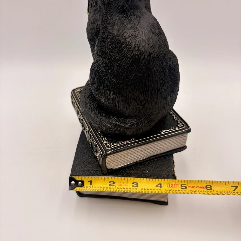 Black Cat Witch Figurine on Spell Books Gothic Halloween Decor Green Eyes Hat